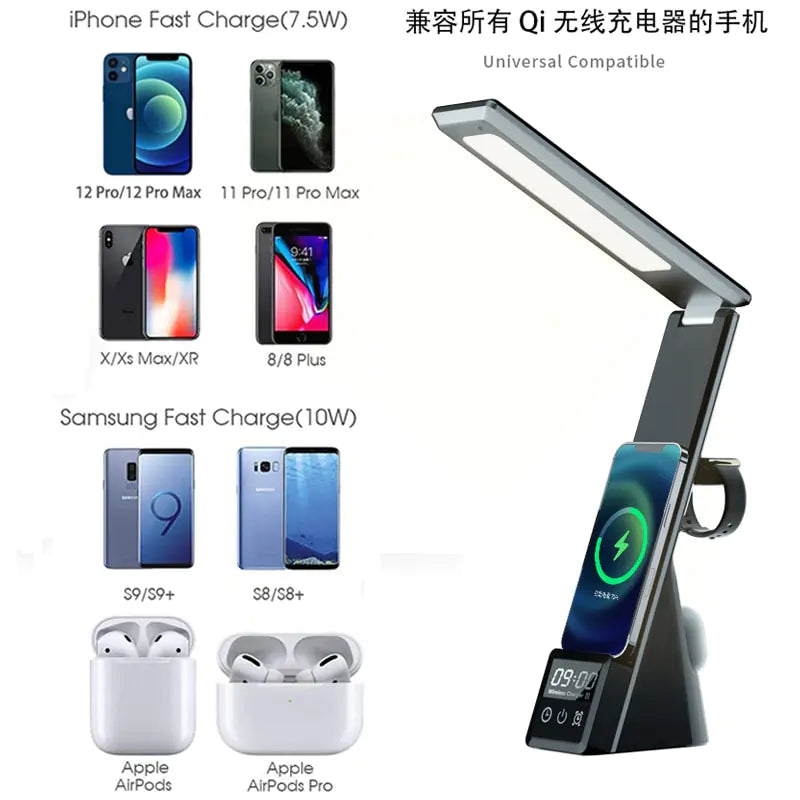 3 in 1 QI Wireless Charger LED Desk Lamp With Alarm Clock Eye Protect Table